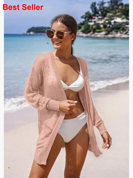 Lightweight Viscose Cardigan Sweater Open Front Long Sleeve Boho Coverup - Picture 3 of 7